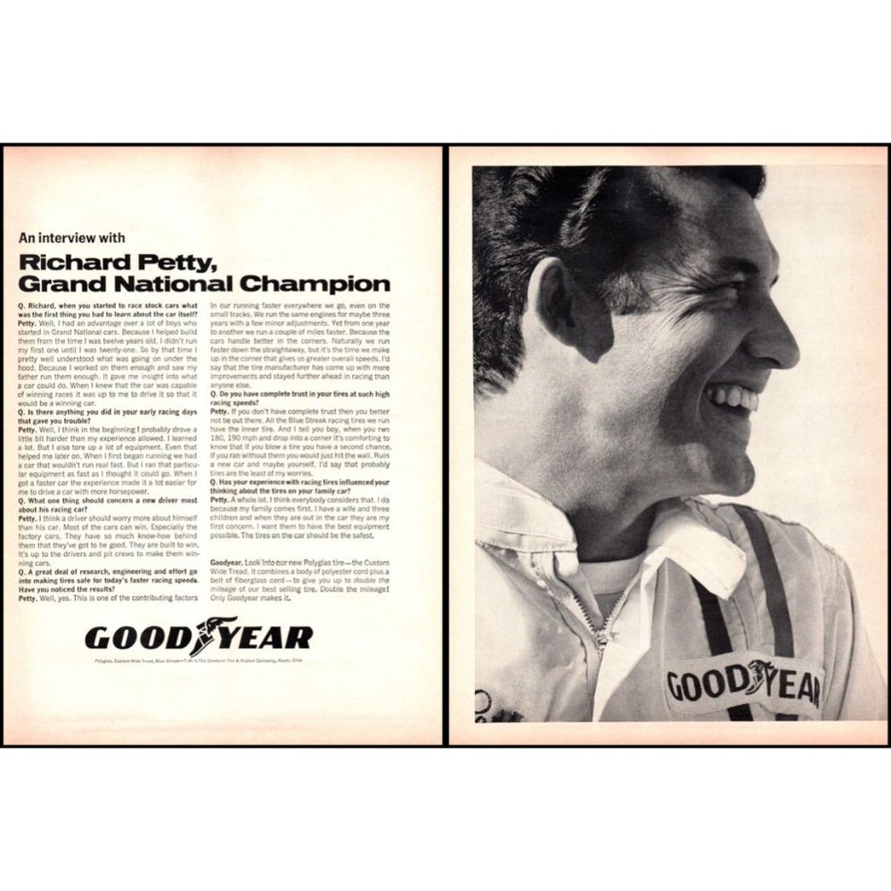 1968 Goodyear Tires Richard Petty Grand National 2 Page Vintage Print Ad Photo